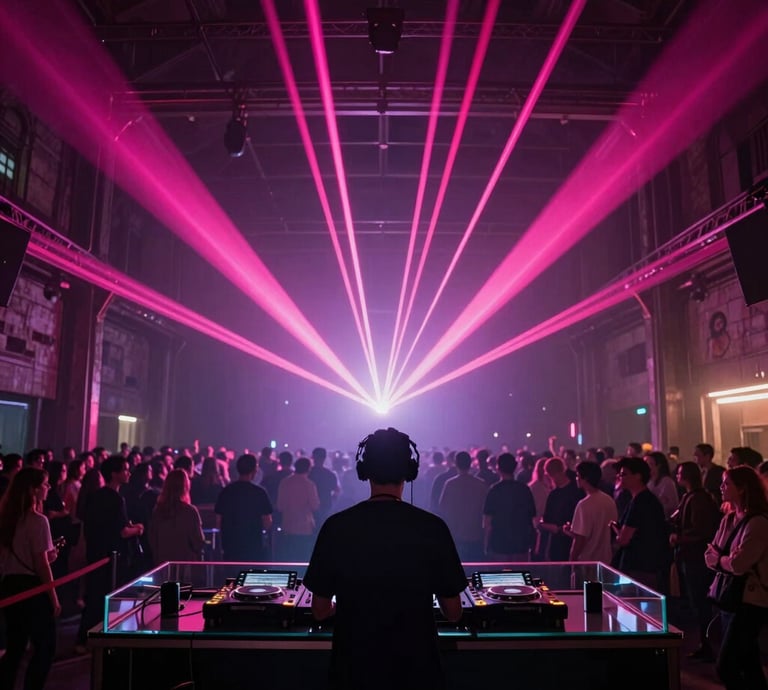 A prestigious, high-end electronic music event in a dark, cavernous metropolitan warehouse converted into an art space. Vibrant neon pink laser beams pierce through light haze. A silhouette of a DJ at a modern glass console with an audience mesmerized. Cinematic, exclusive, global art hub.
