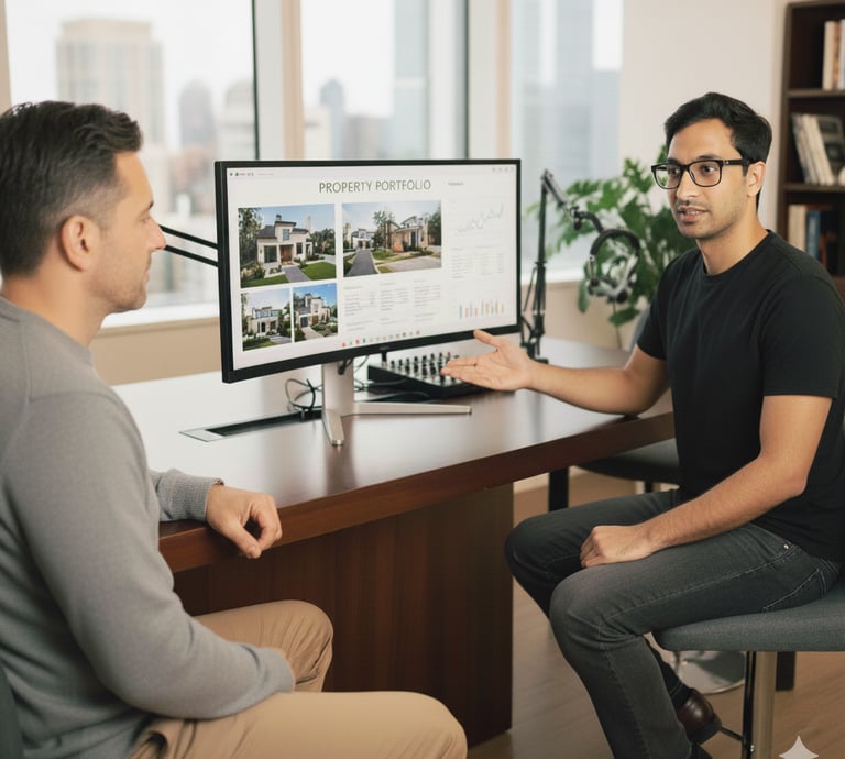 A man explains a property portfolio on a monitor to another man, both in a modern office.