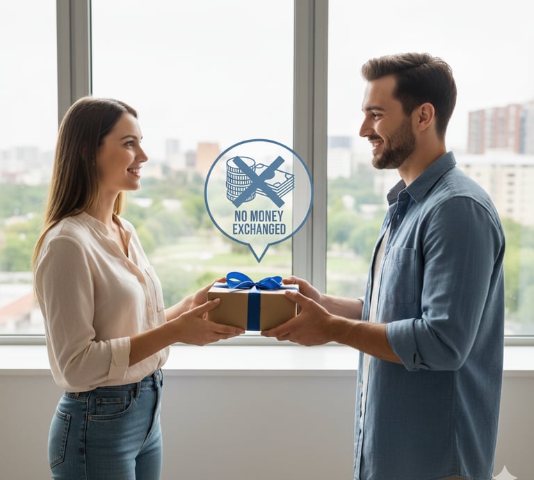 A smiling man gives a gift box to a smiling woman, with a "NO MONEY EXCHANGED" icon.