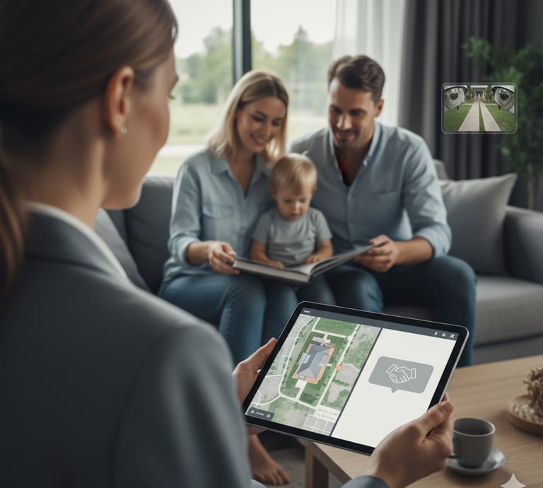 Agent shows property data on a tablet to a happy family on a sofa, implying ongoing support.