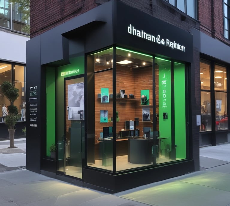 A storefront with large glass windows and multiple signs displaying 'revendo'. Inside, there are visible chairs, plants, and shelves. A poster on the window features the words 'Sell. Repair. Buy.' along with an image of a hand interacting with an electronic device.