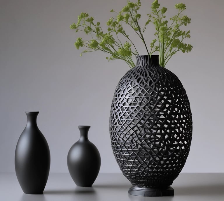 A minimalist workspace with handcrafted decorative pieces arranged elegantly in neutral tones.