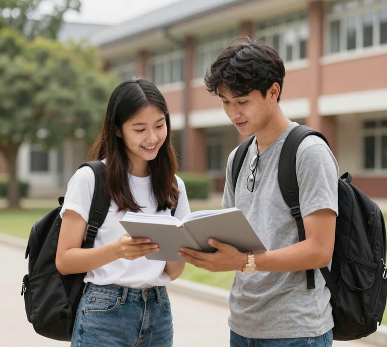 A friendly counselor reviewing a student's essay in a cozy, sunlit office filled with college pennants.