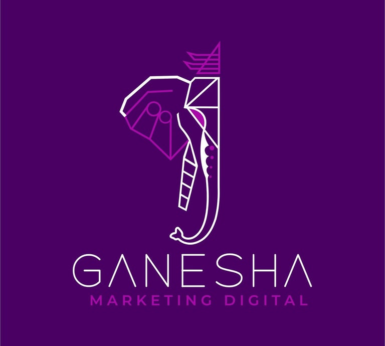 imagem da logo da empresa, um elefante com uma coroa e o nome da empresa Ganesha Marketing Digital