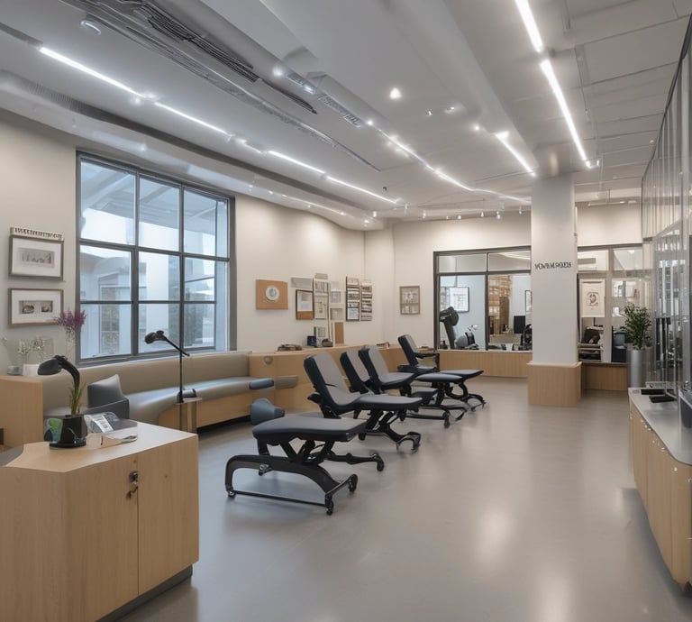 A bright and airy physiotherapy clinic with contemporary furniture and warm wooden accents.