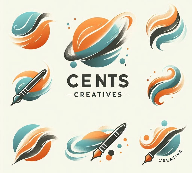 Stylized logo collage for "Cents Creatives" featuring colorful, abstract designs, including pens and planetary elements.