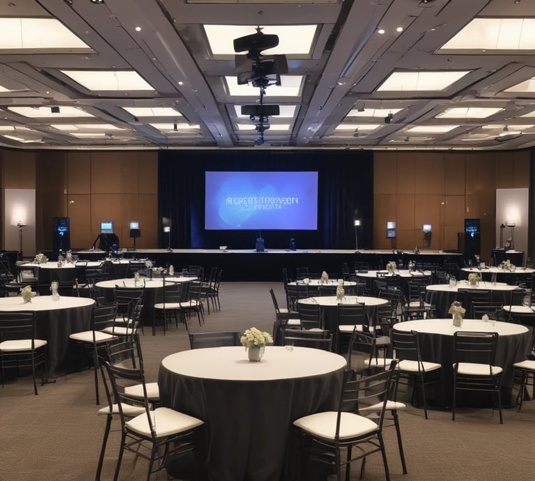 A sleek, modern event setup with red and black lighting highlighting a corporate gathering.