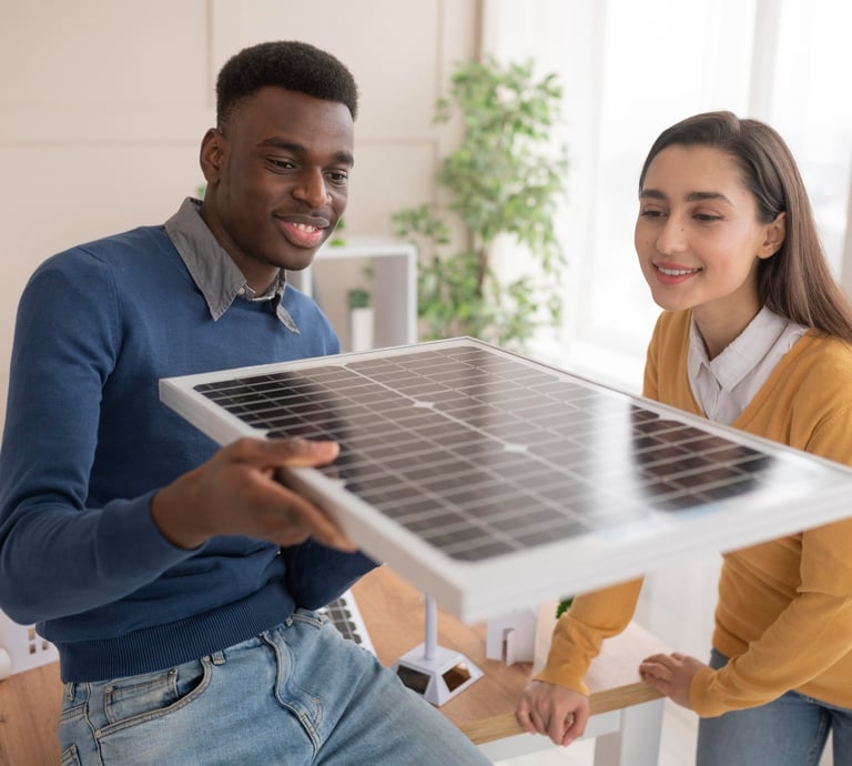 a man and woman holding a solar paneled solar panel