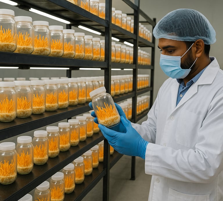 Inspecting a jar of bright orange Cordyceps mushrooms.