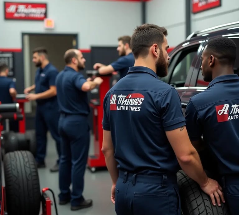 Professional mechanics at Auto & Tires working on vehicles and tires in a modern auto repair shop