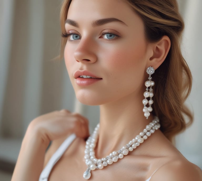 Close-up of artisan hands delicately assembling a pearl and silver necklace in a cozy workshop.
