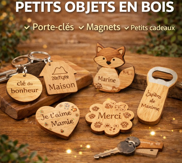 Personalized wooden gifts including engraved keychains, fox magnet, and a custom bottle opener on wood.