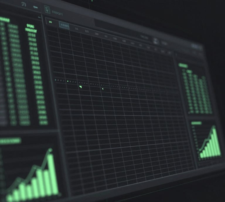 Digital dashboard with green charts and financial data analytics on a dark screen.