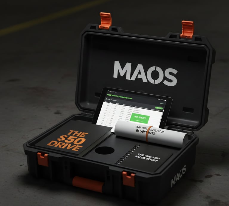 An open tool case with snaps that has The 50 Dollar Drive, The Van Organization Guide, the MAOS Profit Calculator 