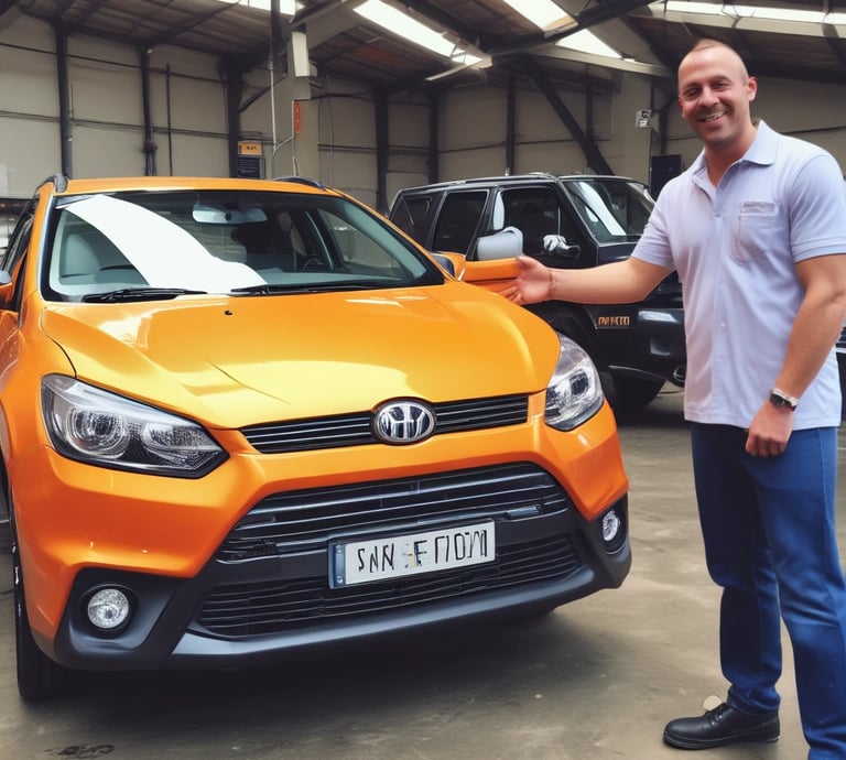 A skilled mechanic inspecting a car engine with digital diagnostic tools in a clean, modern workshop.