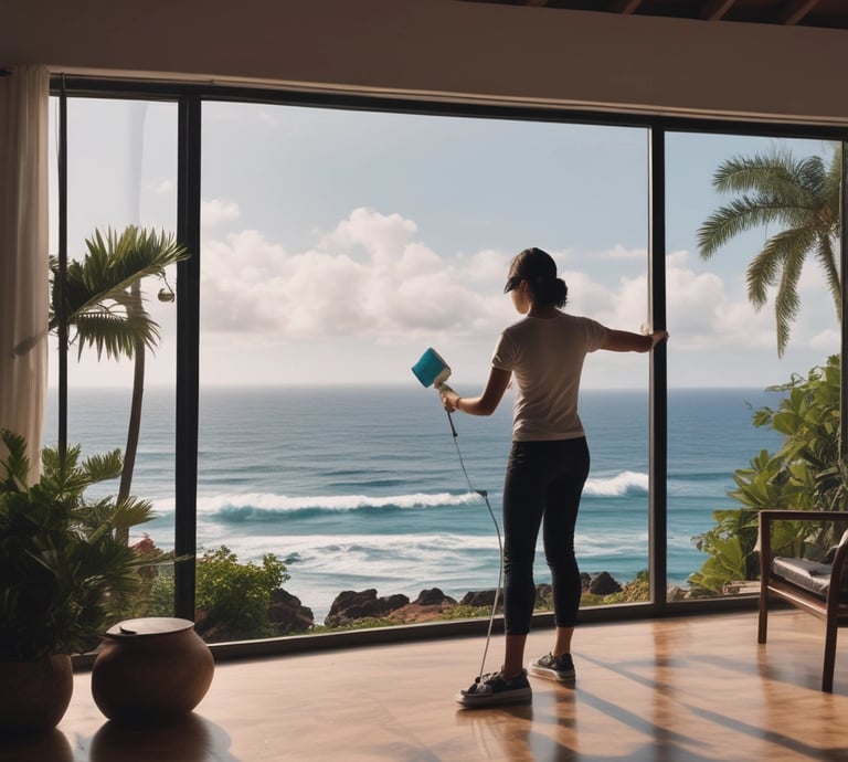 A bright, airy room sparkling clean with sunlight streaming through large windows, showcasing a fresh and inviting space.