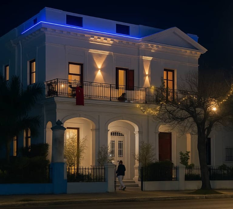 Elegant white historic building in vedado at night with warm lighting and blue LED roof accents.