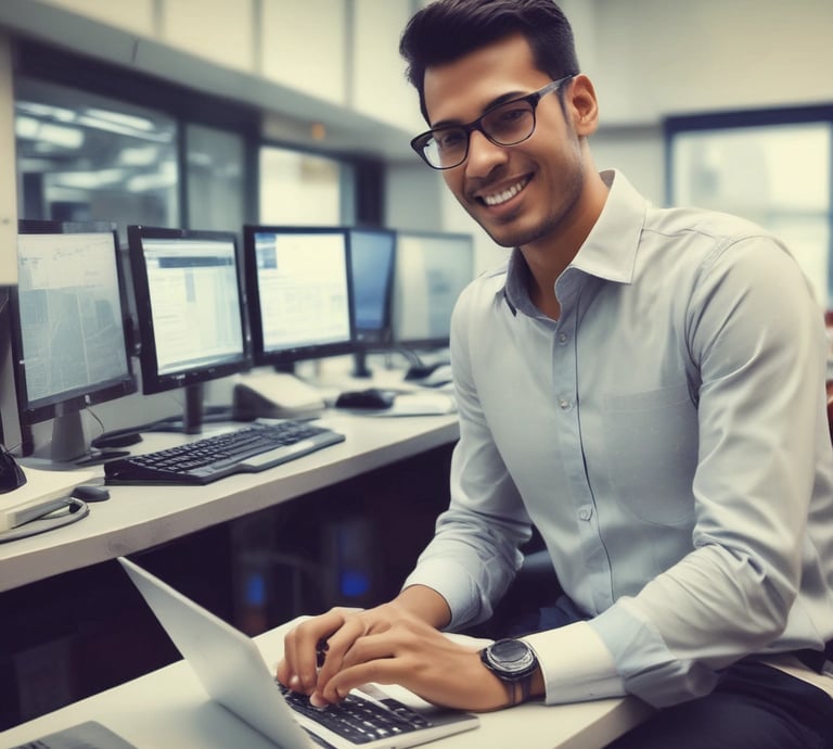 A team of diverse IT professionals collaborating over laptops in a modern office space.