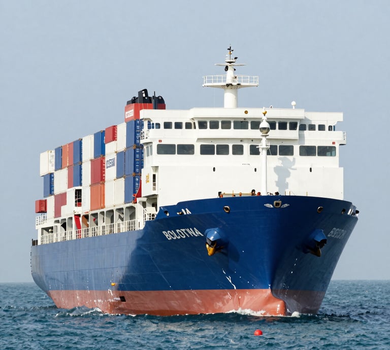 A large cargo ship sailing under a clear blue sky, loaded with colorful shipping containers.