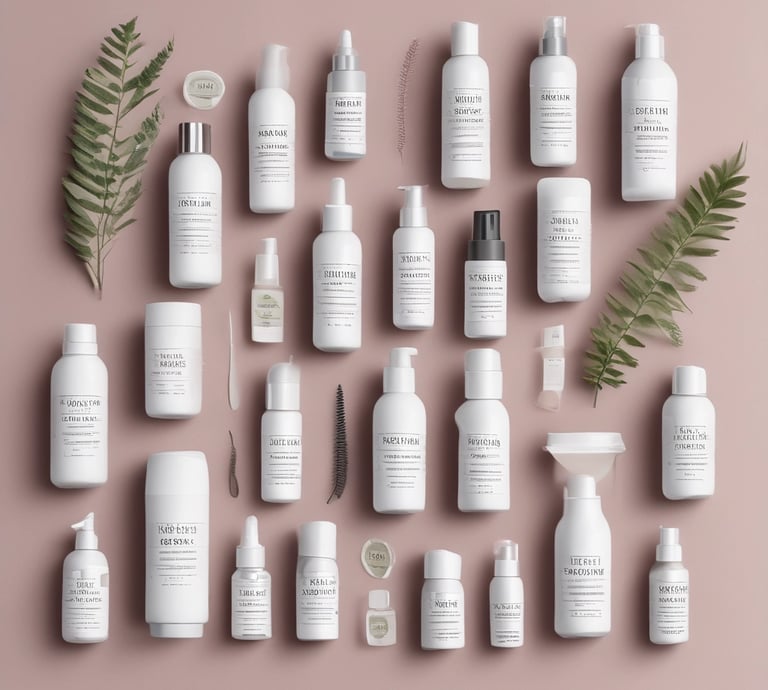 A cozy workspace with skincare products, a notebook, and a soft candle glowing warmly.