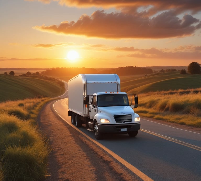 A Logistride delivery truck moving along a countryside road at sunrise, illustrating timely and efficient logistics.