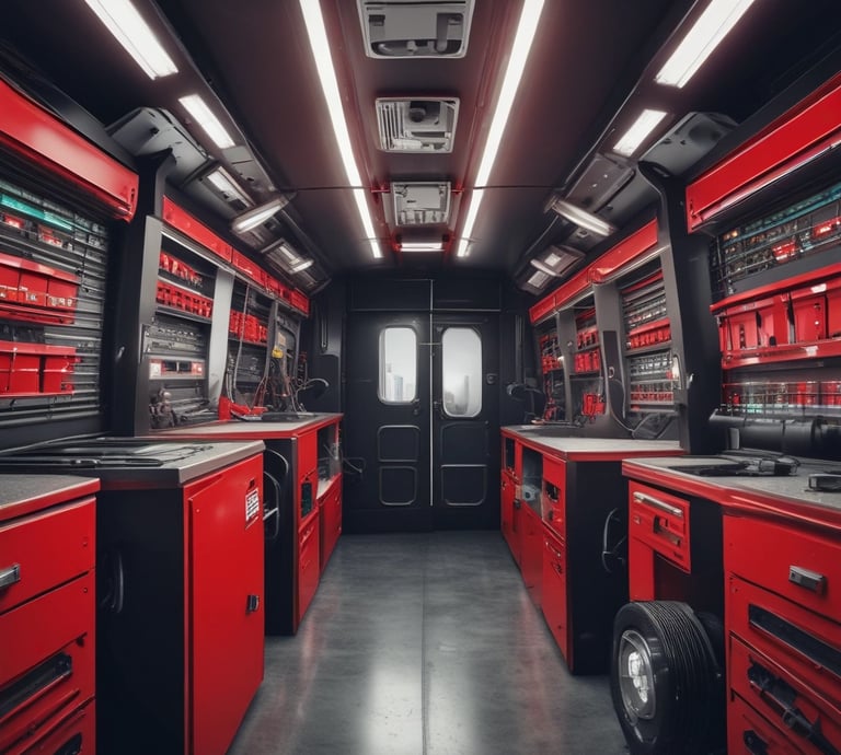 A sleek, fully customized work van parked outside a modern industrial building in Luton.