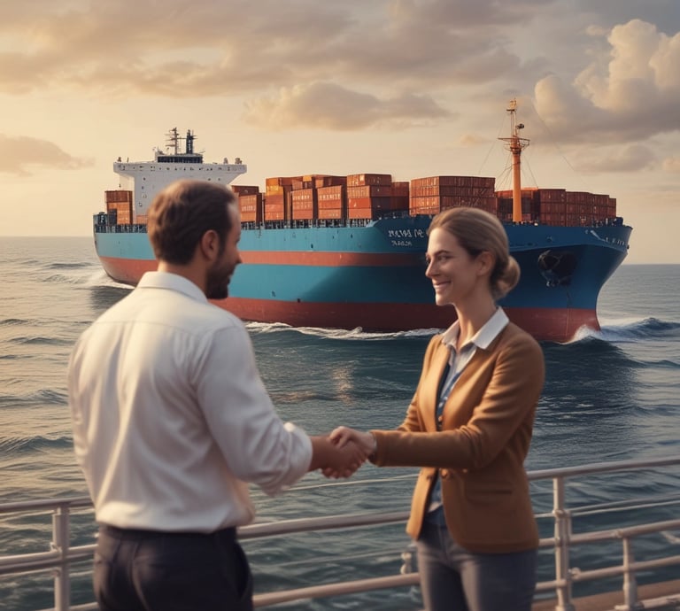 A professional ship broker showing a client detailed ship listings on a tablet.