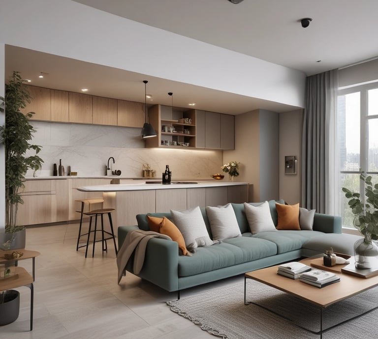 A bright, modern studio apartment with large windows letting in natural light and sleek furnishings.