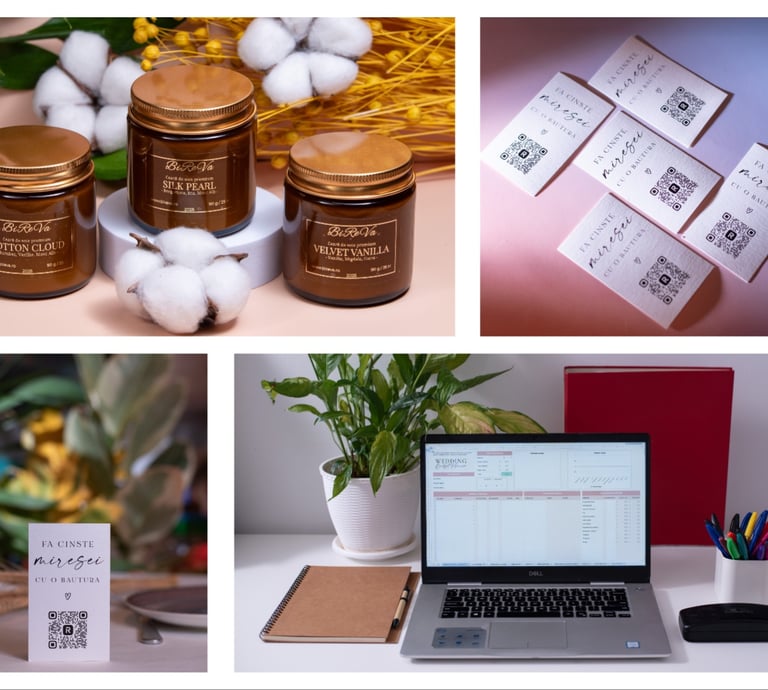 Scented amber candle jars, elegant wedding favor cards with QR codes, and a wedding planning laptop setup.