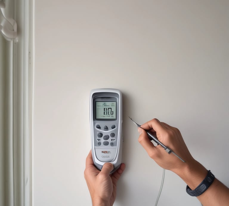 Technician inspecting a damp wall in a Madrid home with specialized equipment.