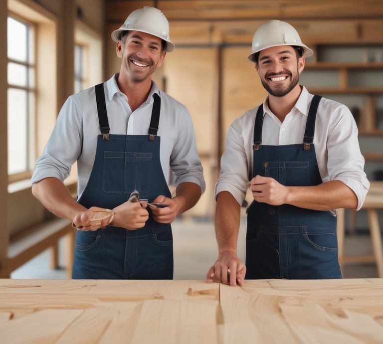 A skilled carpenter measuring and working on a wooden project in a bright, minimalistic workshop.