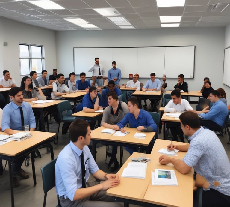 A friendly trainer engaging with participants in a bright workshop setting.