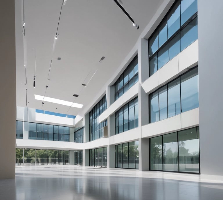 Minimalist office building exterior in silver and navy tones reflecting professionalism.