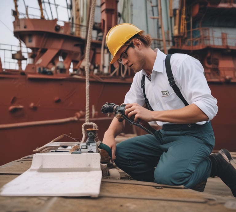 Professional technicians performing underwater ship inspection at a busy port.