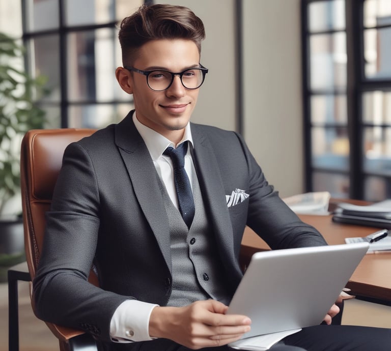 A friendly professional working on a laptop in a cozy, modern home office.