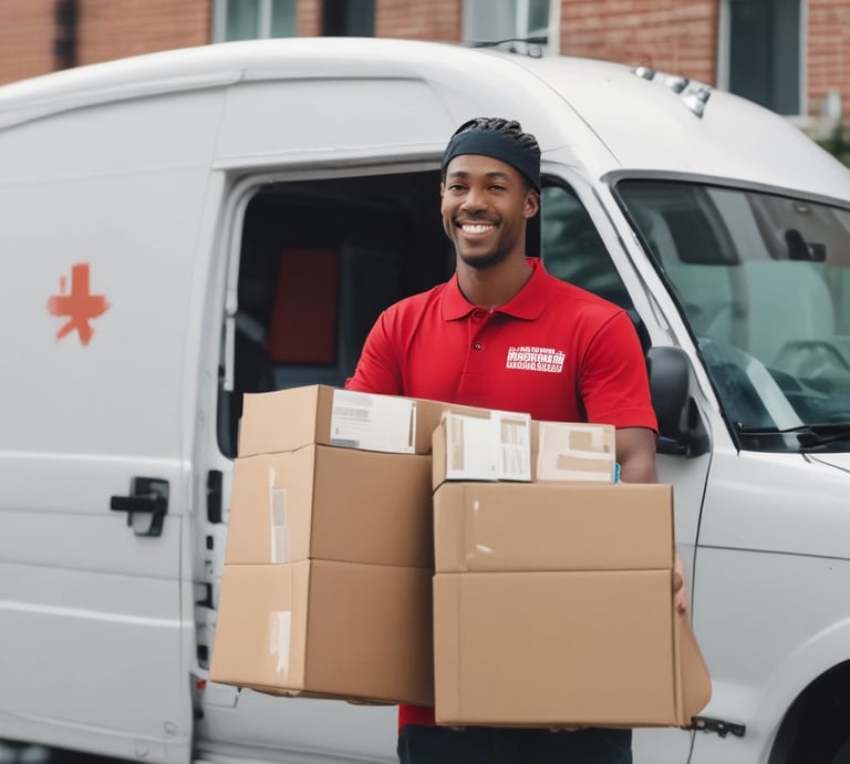 A professional delivery driver handing a medical device to a hospital staff member outside a healthcare facility.