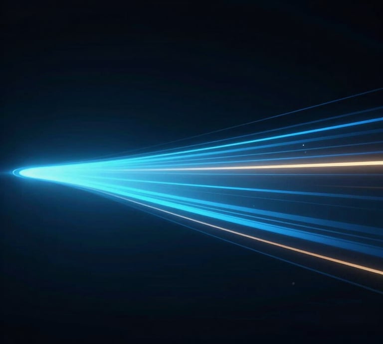 Abstract glowing horizon lines with a circular lens motif against a dark, starry digital background.