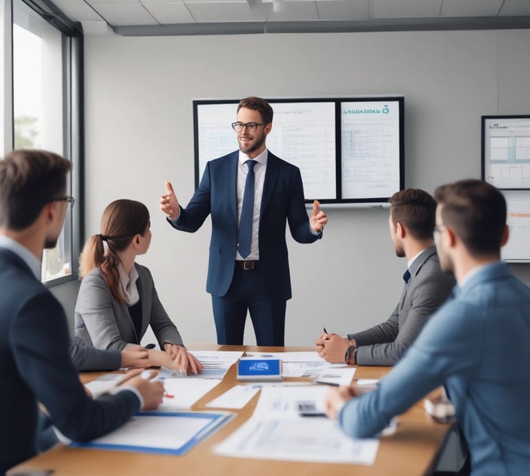 A vibrant team collaborating in a modern office space with digital screens showcasing business solutions.