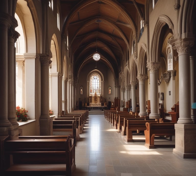 A serene Carmelite nun praying softly in a sunlit chapel adorned with icons of Our Lady of Victory and St. John the Baptist.