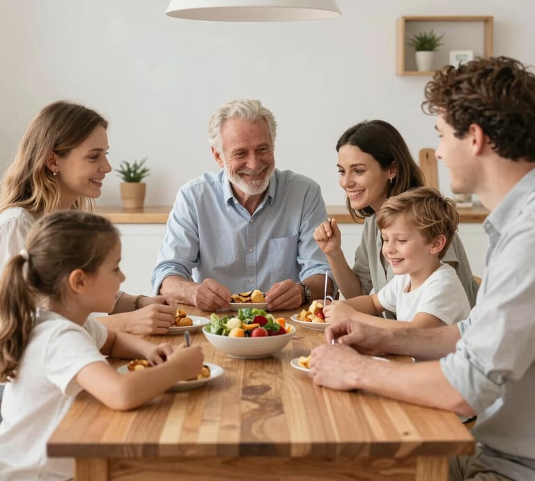 A warm scene of a mother and child sharing a colorful healthy snack at the kitchen table.