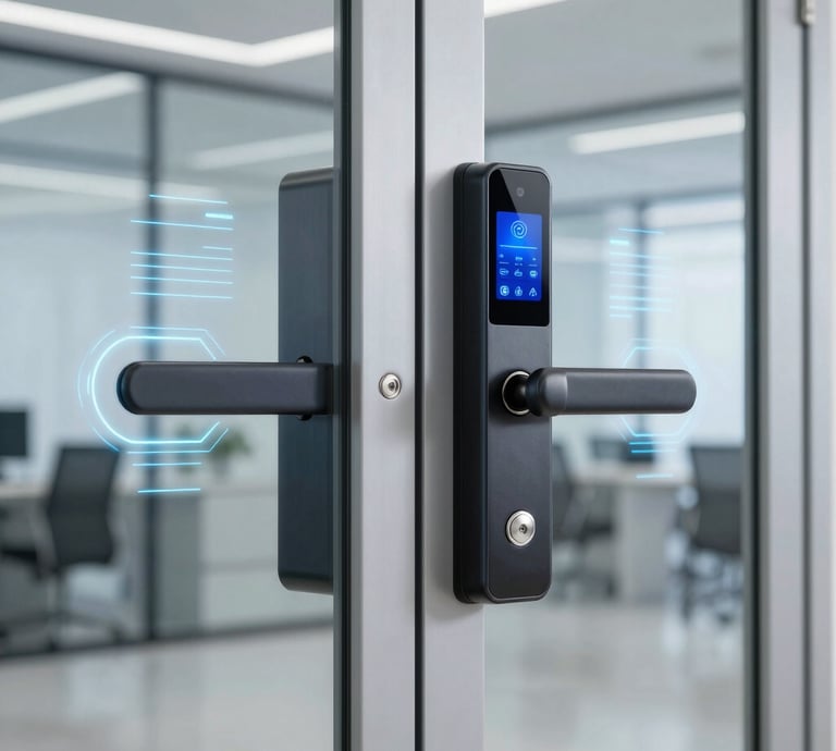 Close-up of a sleek electromagnetic lock installed on a modern glass door in a corporate office.