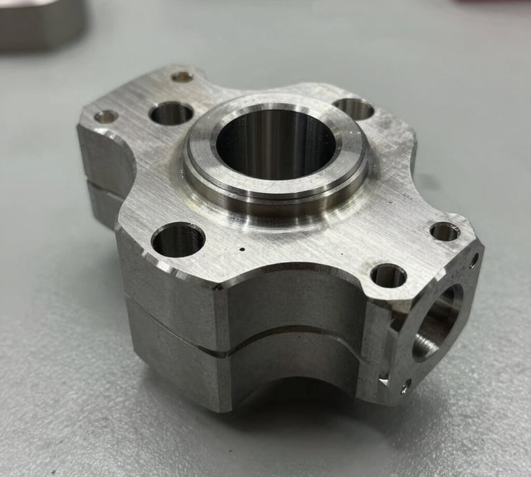 Close-up of a precision-machined metal part resting on a workshop table.