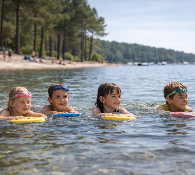 enfants apprenant à nager au lac d’Hourtin avec Piqueyrot Natation