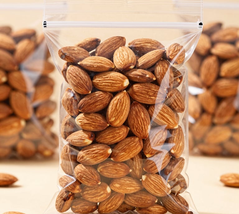 Close-up of fresh almonds spilling from a rustic burlap sack onto a wooden table.