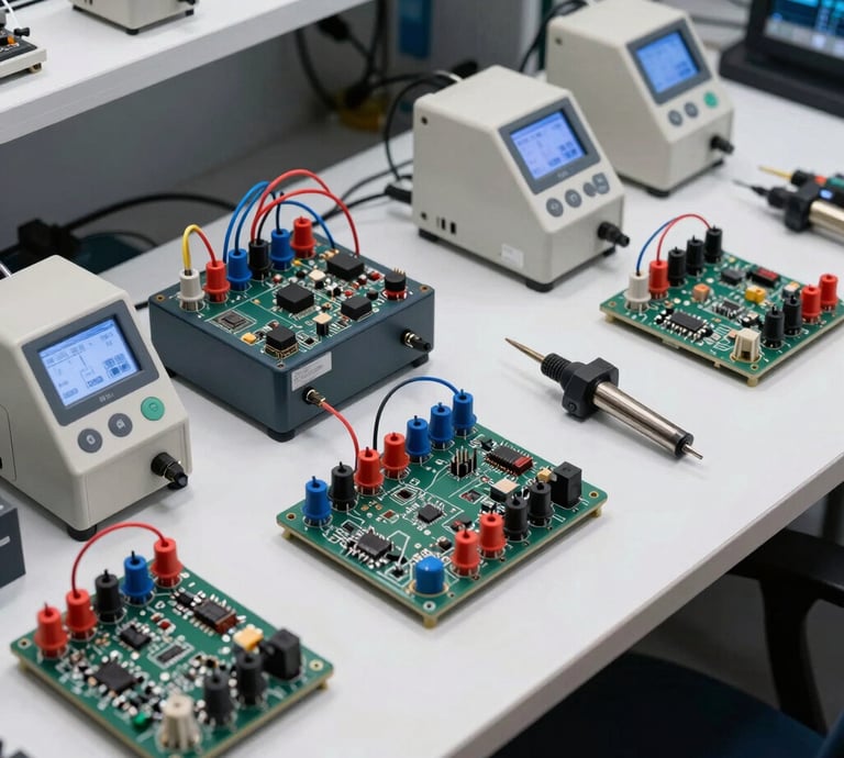 An organized, modern engineering workbench featuring premium integrated circuit kits, multicolored test leads, and digital micro-soldering stations. High-precision instruments are arranged neatly under clean white task lighting, showcasing an authoritative engineering aesthetic with dark slate and off-white tones. Aimed at a North American / Global tech and industrial audience.