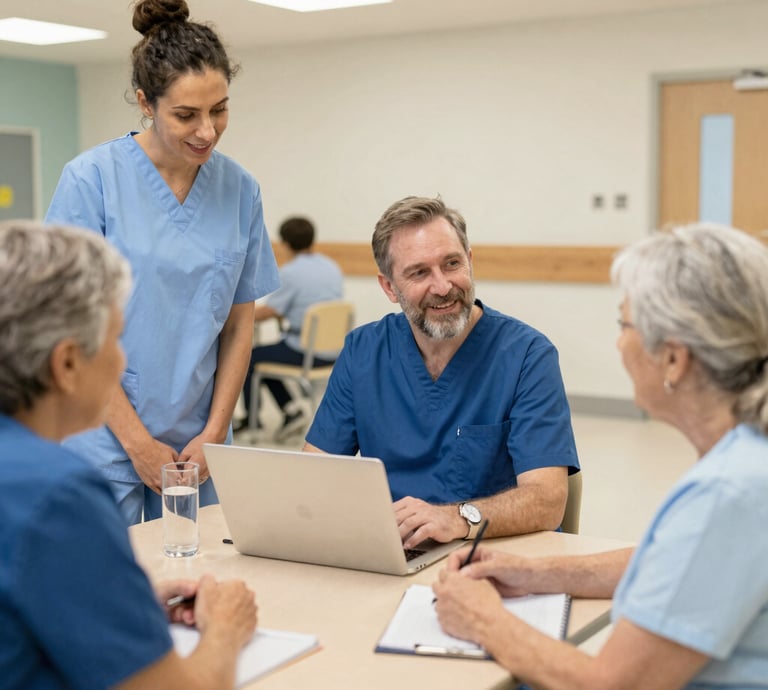 A diverse group of colleagues collaborating warmly around a table, sharing ideas with smiles.
