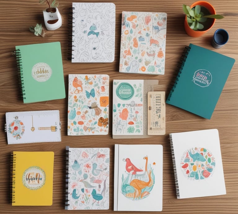 A colorful collection of themed notebooks displayed on a wooden table with decorative items around.