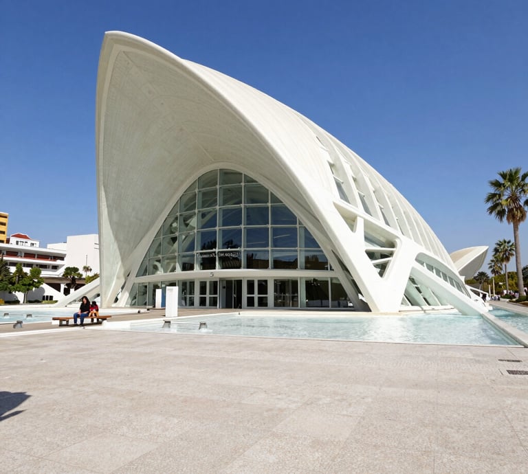 A vibrant university campus in Valencia with students chatting and walking around.