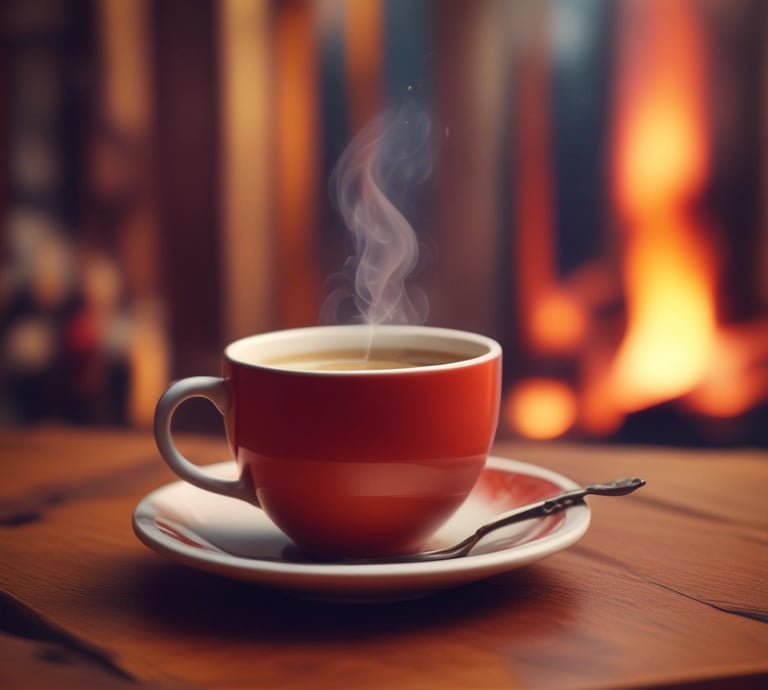 Close-up of a steaming cup of rich, dark coffee beside a burlap sack of organic coffee beans.