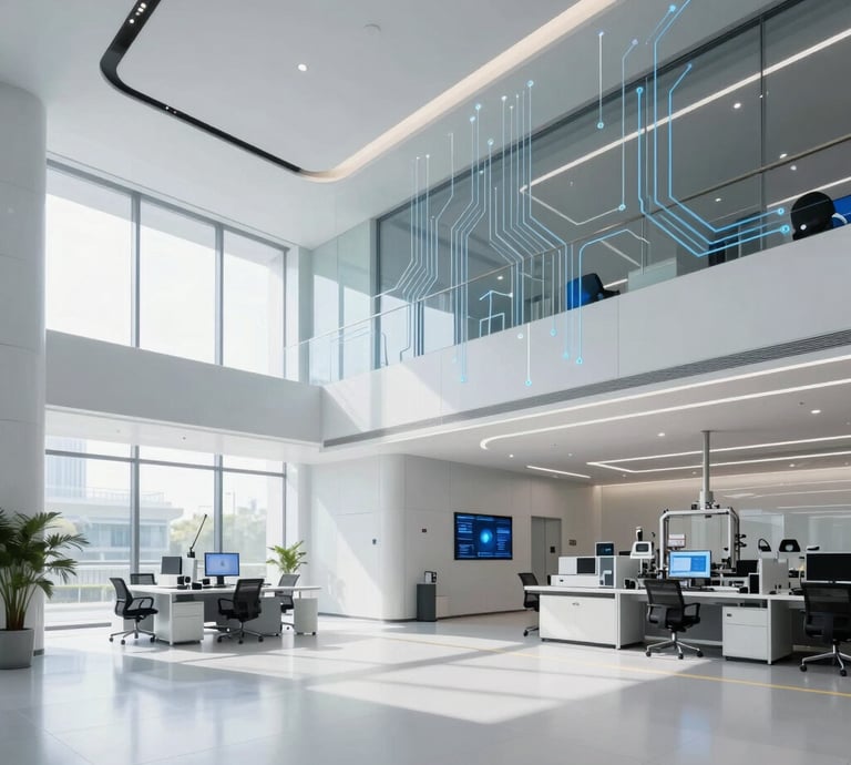 Modern electronics factory floor with advanced manufacturing equipment in operation under bright industrial lighting.
